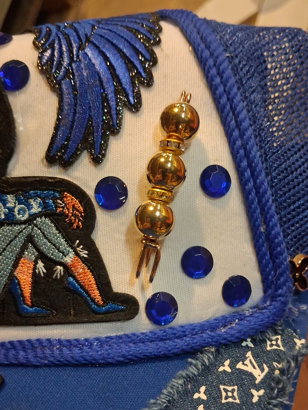 Blue Embroidered Cartoon Trucker Hat with Rhinestones - Picture 4 of 5